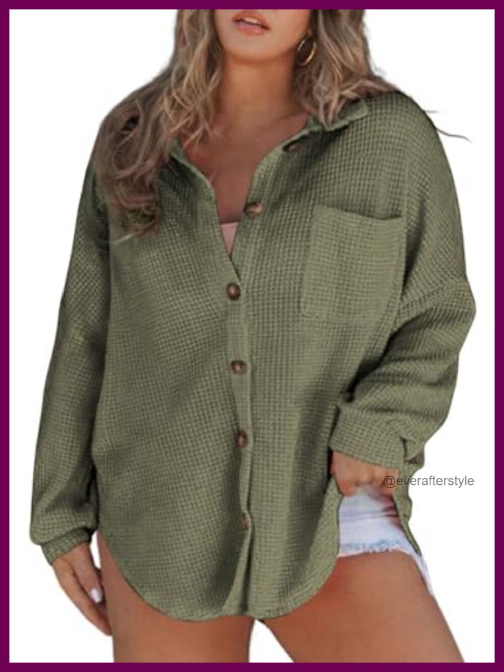 Plus Size Waffle Knit Button Down Shacket Oversized Boyfriend Shirt